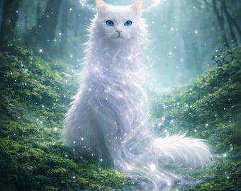 Ethereal Cat Transformation Art Print, Mystical Forest Wall Decor (Digital Download)