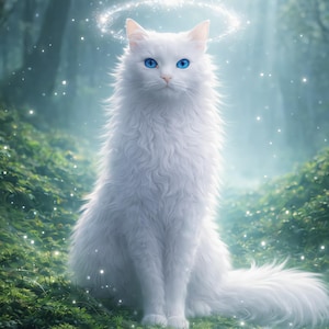 May include: A fluffy white cat with bright blue eyes sits in a lush green forest. The cat has a halo above its head, and the scene is illuminated by soft light and sparkling particles, creating a magical atmosphere.