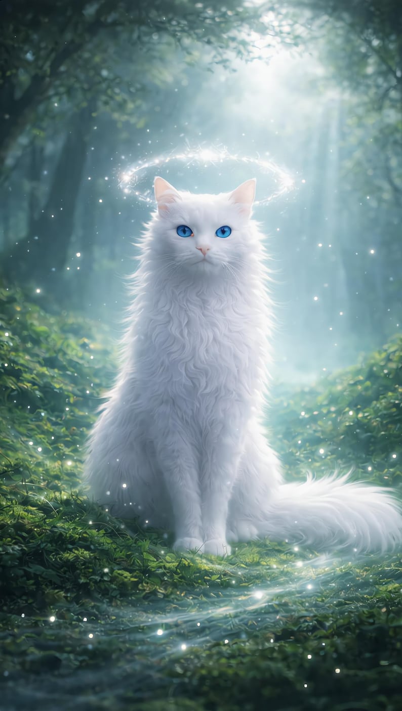 May include: A fluffy white cat with bright blue eyes sits in a lush green forest. The cat has a halo above its head, and the scene is illuminated by soft light and sparkling particles, creating a magical atmosphere.