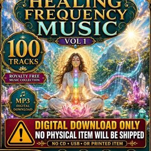 Puede incluir: Una colección de descarga digital titulada Healing Frequency Music Vol 1 con 100 pistas. La ilustración muestra a una persona meditando en posición de loto con puntos de chakra brillantes, rodeada por una cascada, cristales y una flor de loto.