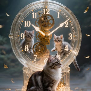 Può includere: Un orologio trasparente con ingranaggi visibili e numeri romani, con tre gattini appollaiati sul quadrante. Un gatto più grande è seduto di fronte all'orologio. La scena è ambientata su uno sfondo morbido e sfocato con foglie dorate fluttuanti.