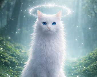 White Cat Spiritual Art Print, Ethereal Forest Light Wall Art (Digital Download)