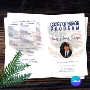 May include: A Court of Honor program for James Edward Thompson presented by Troop 142 on June 20, 2026, at Grace Church in Springfield, IL. The document features a bald eagle, an American flag, a portrait of a person, and a list of achievements.