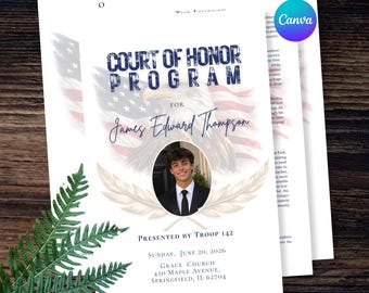 Scouting Court of Honor Program Template, 4 Page Editable Booklet, Patriotic Eagle Design, Eagle Canva Template Event Program, Printable