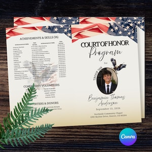 Puede incluir: Un programa de la Corte de Honor para la Tropa 508, con una foto de Benjamin Thomas Anderson. El diseño incluye un motivo de bandera estadounidense, un águila gráfica y una lista de logros y habilidades.