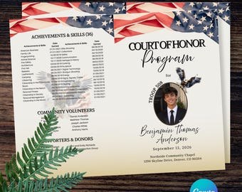 Scouting Court of Honour Programmvorlage, 4-seitige bearbeitbare Broschüre, Vaterländisches Adler-Design, Adler Canva-Vorlage Ereignisprogramm, bedruckbar
