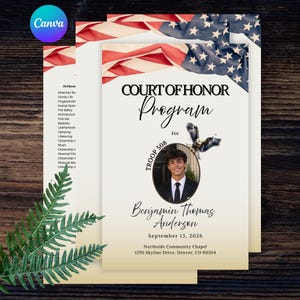 Peut inclure: Un programme de cérémonie de Cour d'Honneur, avec un design de drapeau américain. Le programme comprend une photo de Benjamin Thomas Anderson, Troop 508, et les détails de l'événement. Le logo Canva est en haut à gauche.