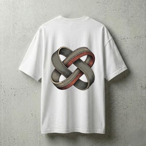 May include: White t-shirt featuring a graphic design of two intertwined roads forming an infinity symbol. The roads are gray and red, with white dashed lines. The shirt is a casual, oversized style.
