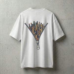 May include: White t-shirt with a graphic of a city skyline emerging from a zipper. The zipper is open, revealing a colourful cityscape with diverse buildings. The shirt has short sleeves and a crew neck.