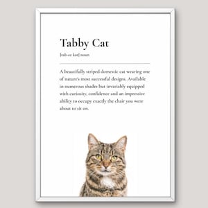 May include: A white framed wall art print featuring the text Tabby Cat, its phonetic pronunciation, and a dictionary-style definition. Below the text is a color photograph of a brown and black striped tabby cat with yellow eyes looking forward.