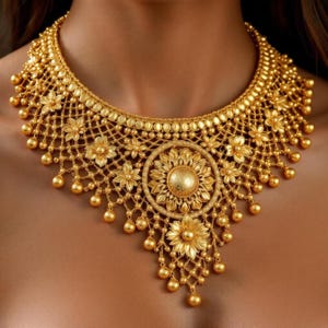 22K Gold Floral Filigree Choker Necklace – Heavy Statement Bridal Necklace with Dangling Beads