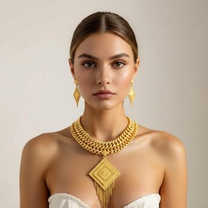 22K Gold Statement Bridal Necklace – Heavy Layered Choker Set with Tassel Pendant & Earing Set