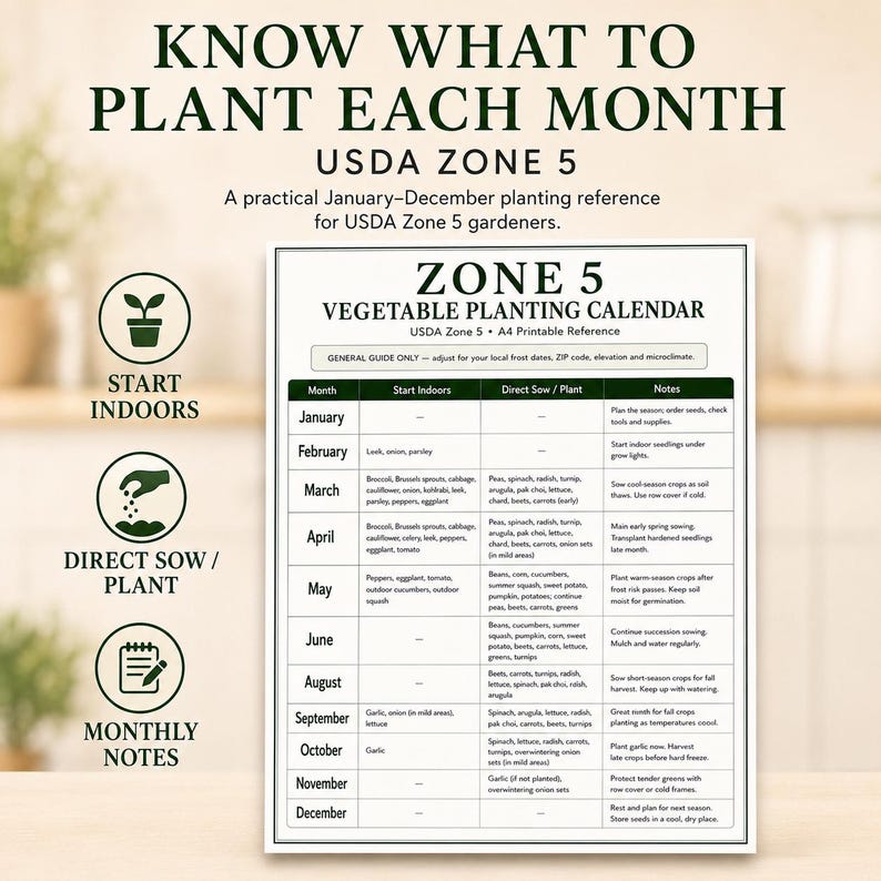 USDA Zone 5 Vegetable Planting Calendar, Planting Schedule Printable ...