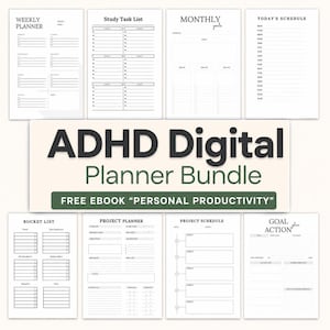 Könnte beinhalten: Ein digitales Planer-Set mit acht weißen Seiten mit schwarzem Text und Linien. Die Seiten enthalten einen Wochenplaner, eine Aufgabenliste, monatliche Ziele, einen Tagesplan, eine Bucket-Liste, einen Projektplaner und einen Projektzeitplan.