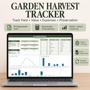 Könnte beinhalten: Ein digitaler Garten-Erntetracker auf einem Laptop-Bildschirm mit Tabellen und Diagrammen zur Erfassung von Ertrag, Wert, Ausgaben und Konservierung. Die Benutzeroberfläche bietet 10 organisierte Reiter und automatische Berechnungsfunktionen.