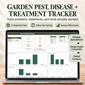 May include: A laptop screen displaying a Garden Pest, Disease + Treatment Tracker spreadsheet. The dashboard features data tables, bar charts for cases by status, category, and severity, with text labels for 11 tabs, follow-up tracking, and editable features.
