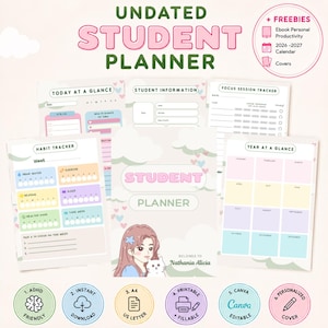 May include: An undated student planner with various sections, including a habit tracker, focus session tracker, and year-at-a-glance calendar. The planner features a pink and green color scheme, with the words "Student Planner" prominently displayed. Includes freebies.