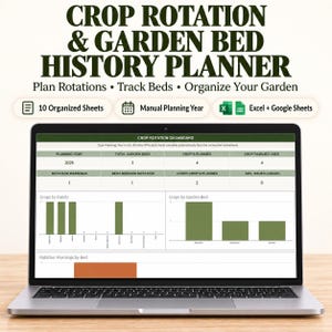 Peut inclure: Un ordinateur portable affichant un tableau de bord de planification de rotation des cultures et d'historique des planches de jardin avec des graphiques à barres verts, des tableaux de données pour 2026 et des étiquettes de texte explicatives.