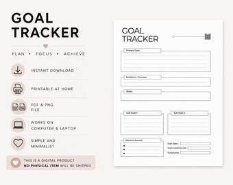 Planificador de objetivos imprimible en formato A4, A5 y Carta estadounidense / Planificador de establecimiento de objetivos / Hoja de trabajo de productividad / Planificador minimalista / Descarga instantánea en PDF y PNG