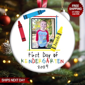 Personalized First Day of Kindergarten Christmas Ornament, First Day of Preschool, Custom Gift for Kid, School Photo Ornament