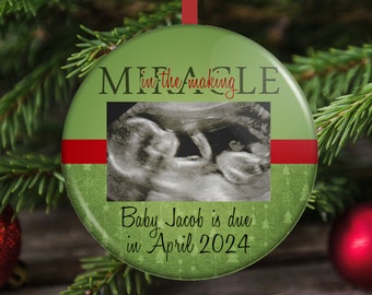 Pregnancy Announcement Christmas Ornament, Ultrasound Ornament, Gender Reveal Ornament, Miracle in the Making, Due Date Announcement