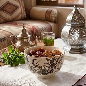May include: A bowl of dates and walnuts with a black and white mushroom and crescent moon design. A silver teapot, glass of mint tea, and a decorative lantern are on the table. The scene suggests a cultural theme, with a relaxed, inviting atmosphere.