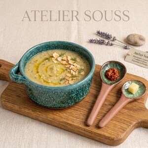 Handmade Moroccan Clay Bowl Set – Authentic Souss Artisanal Pottery – Rustic Ceramic Soup Bowls & Hand-Carved Spoons – 100 Hand-Pressed Cla