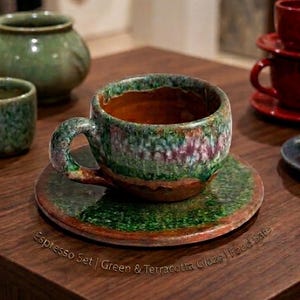 Può includere: Un set di tre tazze in ceramica con smalto screziato color crema. Ogni tazza presenta un design dipinto a mano diverso: una foglia blu e verde, un fiore giallo e una bacca rossa. Le tazze hanno una forma semplice e arrotondata.