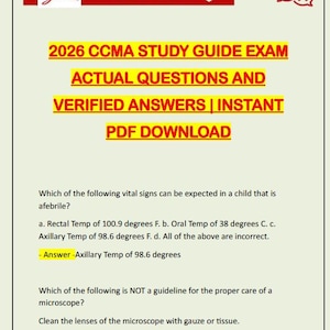 Può includere: Un documento PDF con un'intestazione rossa e bianca che dice "Download". Il documento contiene il testo: "2026 CCMA STUDY GUIDE EXAM ACTUAL QUESTIONS AND VERIFIED ANSWERS | INSTANT PDF DOWNLOAD". Include anche domande d'esame medico.