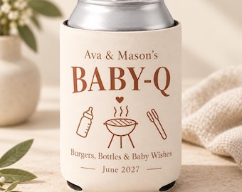 Gepersonaliseerde Baby Q blikjeskoeler, minimalistisch babyshower barbecuecadeautje, gepersonaliseerde Baby Q feestdrankhoes, modern cadeau voor een babyshower in de achtertuin