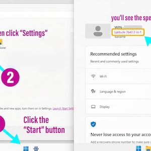Op de afbeelding: Een digitale instructieafbeelding met een Windows-interface en genummerde stappen. Stap 1 wijst naar de Start-knop, stap 2 markeert het Instellingen-pictogram en stap 3 geeft de modelnaam Latitude 7640 2-in-1 aan in het systeemmenu.