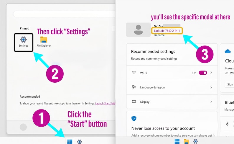 Op de afbeelding: Een digitale instructieafbeelding met een Windows-interface en genummerde stappen. Stap 1 wijst naar de Start-knop, stap 2 markeert het Instellingen-pictogram en stap 3 geeft de modelnaam Latitude 7640 2-in-1 aan in het systeemmenu.