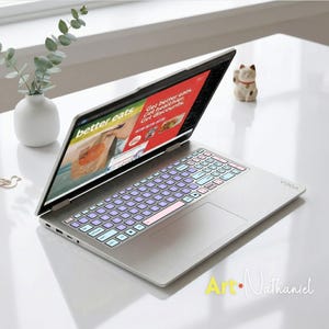 K&ouml;nnte beinhalten: Ein silberner Laptop mit einer Tastaturabdeckung in Hellblau und Hellrosa. Auf dem Bildschirm ist eine Webseite mit dem Text "better eats" und "Get better eats. Get healthier. Get discounts." zu sehen. Der Laptop steht offen.