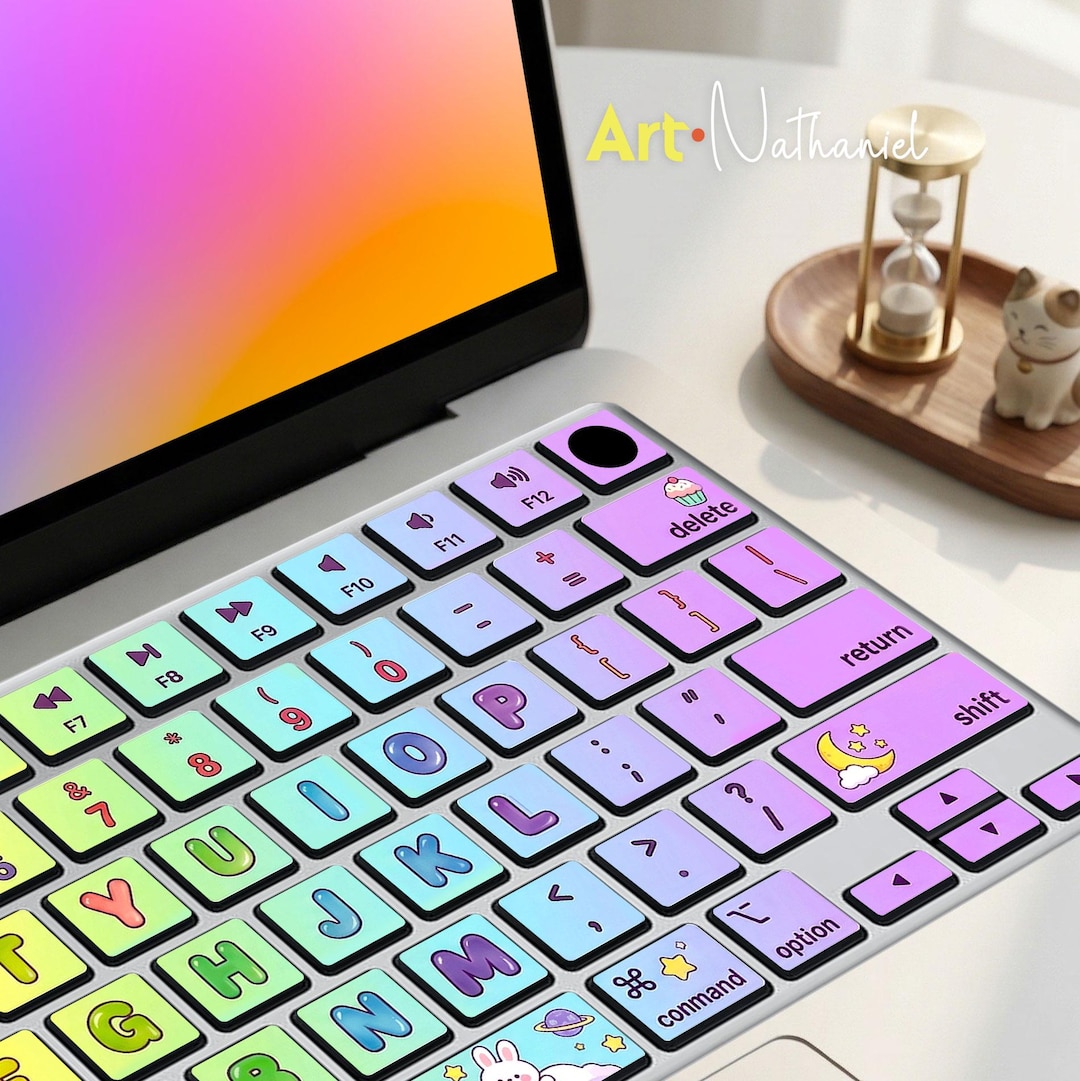 Kawaii Rainbow Dutch Keyboard Decals Cute Bear & Bunny Skin Pastel ...