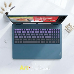 May include: A blue laptop with a purple keyboard overlay featuring a QWERTY layout and a numeric keypad. The screen displays a red and white interface with the text "better eats" and "Get better eats. Get healthier. Get discounts."