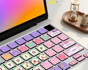 Air Sticker Keyboard Blue Custom Keyboard French Layout Cute Bunny & Cat Laptop Decal Kawaii Pastel Floral skins for MacBook Air Pro Neo