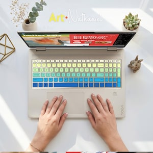 May include: A silver laptop featuring a colorful keyboard cover with a gradient design transitioning from yellow at the top to green in the middle and blue at the bottom. The screen displays a website with the text better eats and Get better cats.
