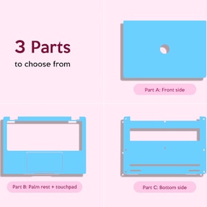 Op de afbeelding: Drie lichtblauwe laptopstickeronderdelen met de tekst 3 Parts to choose from. Deel A is de voorkant met een ronde uitsparing. Deel B is de polssteun en touchpad. Deel C is de onderkant met ventilatiesleuven en gaten voor schroeven.