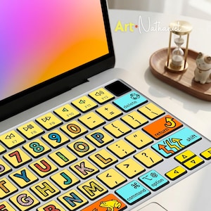 May include: A laptop keyboard with colorful, custom key stickers. The keys are yellow with black outlines and feature hand-drawn letters and symbols. The laptop screen displays a gradient of orange, pink, and purple. The text "Art Nathaniel" is visible.
