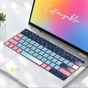 May include: A laptop with a keyboard cover featuring a gradient of pink, light blue, and dark blue keys with geometric patterns. The screen displays a colourful gradient background with the white cursive text Customizable and the logo Art Nathaniel.
