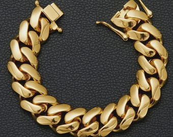 18K Gold Plated Cuban Link Bracelet, Heavy Miami Chain, Men's Hip Hop Jewelry