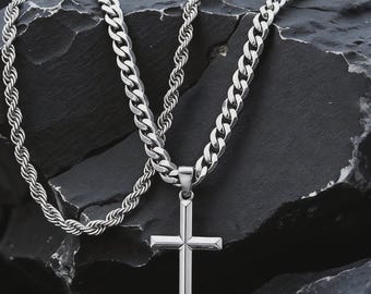 Layered Cross Necklace for Men Silver Double Chain Faith Pendant Gift for Him