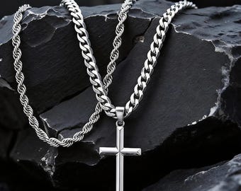Mens Cross Necklace Layered Chain | Silver Double Chain Necklace | Christian Jewelry Gift for Him | Minimalist Pendant Necklace