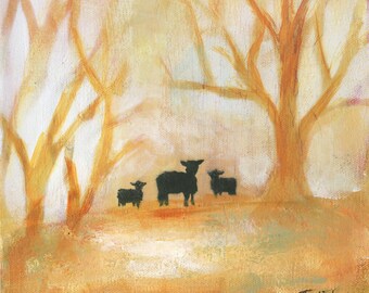 Original acrylic painting of an abstract landscape of three sheep in an autumn wood : 9x12” on canvas