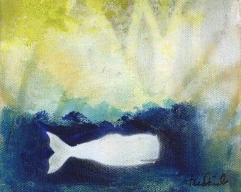 Original acrylic painting of a colorful underwater abstract landscape of a whale 6x6” on canvas, free shipping