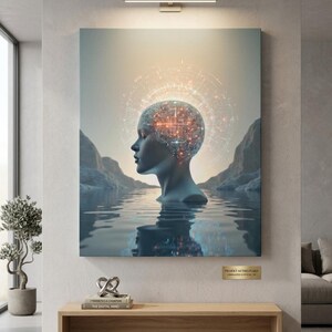 May include: Digital art print depicting a person's profile emerging from water, with a glowing brain and a network of light around the head. The artwork is displayed on a wall in a modern interior setting.