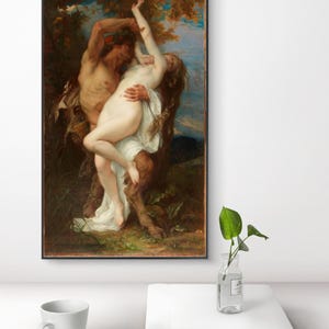 May include: A framed oil painting depicting a mythological scene with a satyr holding a nude figure in a forest setting. The artwork features rich brown, green, and blue tones, with the satyr wearing a wreath and the figure draped in white fabric.
