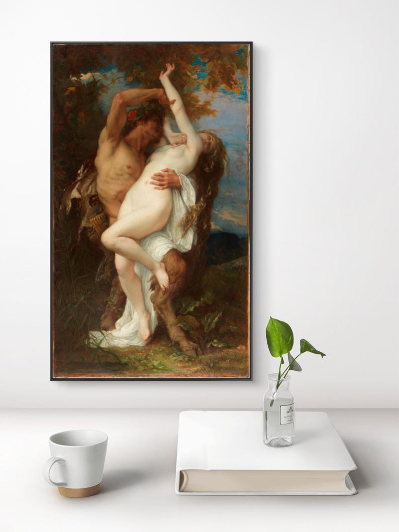 May include: A framed oil painting depicting a mythological scene with a satyr holding a nude figure in a forest setting. The artwork features rich brown, green, and blue tones, with the satyr wearing a wreath and the figure draped in white fabric.