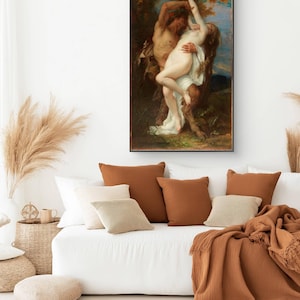 May include: A framed oil painting depicting a mythological scene with a satyr figure embracing a pale, nude figure draped in white fabric. The artwork features dark, earthy tones of brown, green, and blue, set against a forest background.