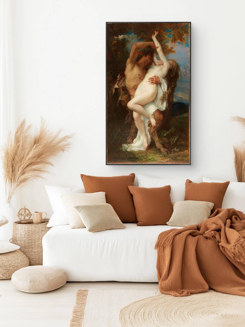 May include: A framed oil painting depicting a mythological scene with a satyr figure embracing a pale, nude figure draped in white fabric. The artwork features dark, earthy tones of brown, green, and blue, set against a forest background.